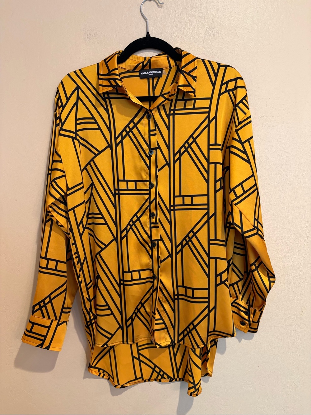 Karl Lagerfeld Golden Blouse with Black Geometric Slashes, Button Up, Funky